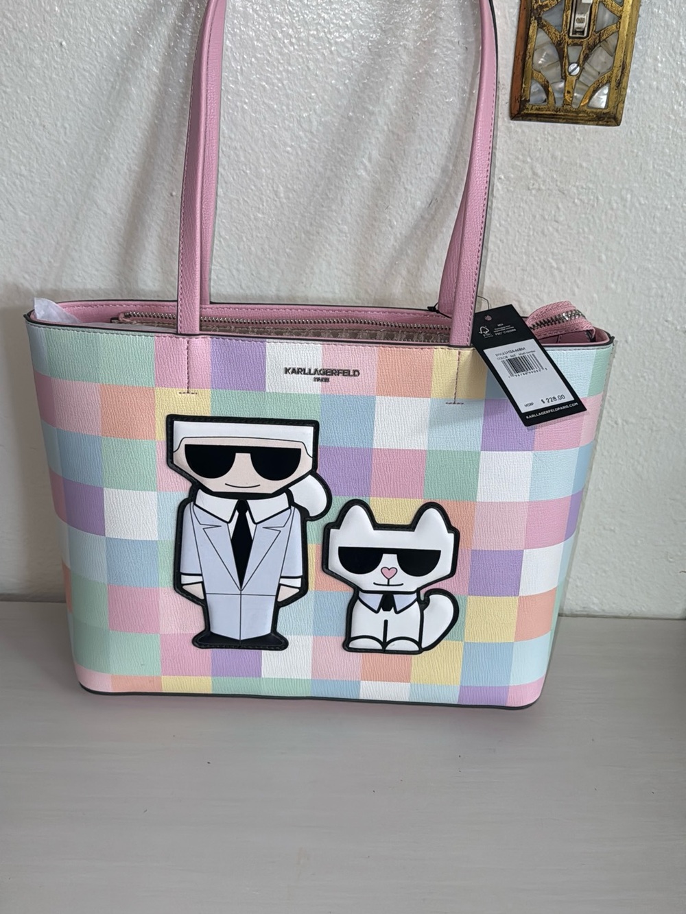 Karl Lagerfeld Pastel Check Tote with Pink Handles and Character Patches